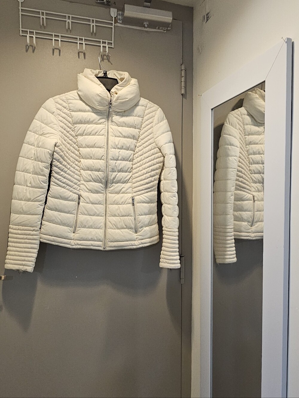 Guess Cream Quilted Puffer Jacket with Stand Collar